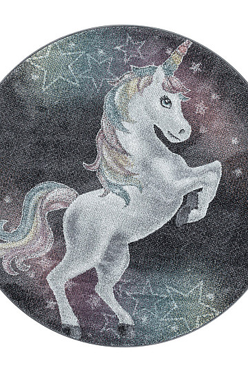 Okrugli dječji komadni tepih FUNNY unicorn sivi