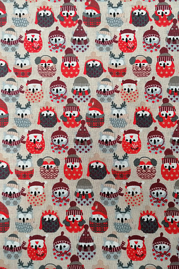 Pamučna tkanina OWLS IN WINTER crvena