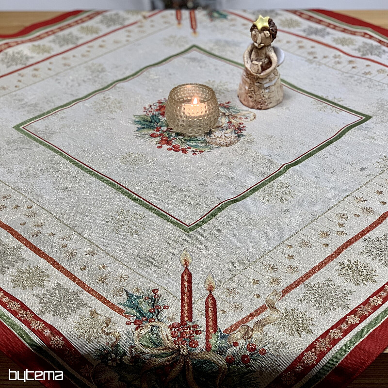 Tapiserijski stolnjak i šal FLAMING CANDLES crveni obrub