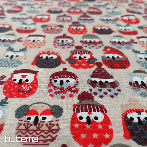 Pamučna tkanina OWLS IN WINTER crvena