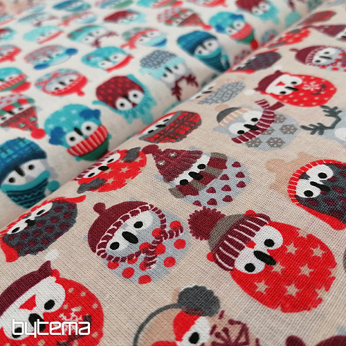 Pamučna tkanina OWLS IN WINTER crvena